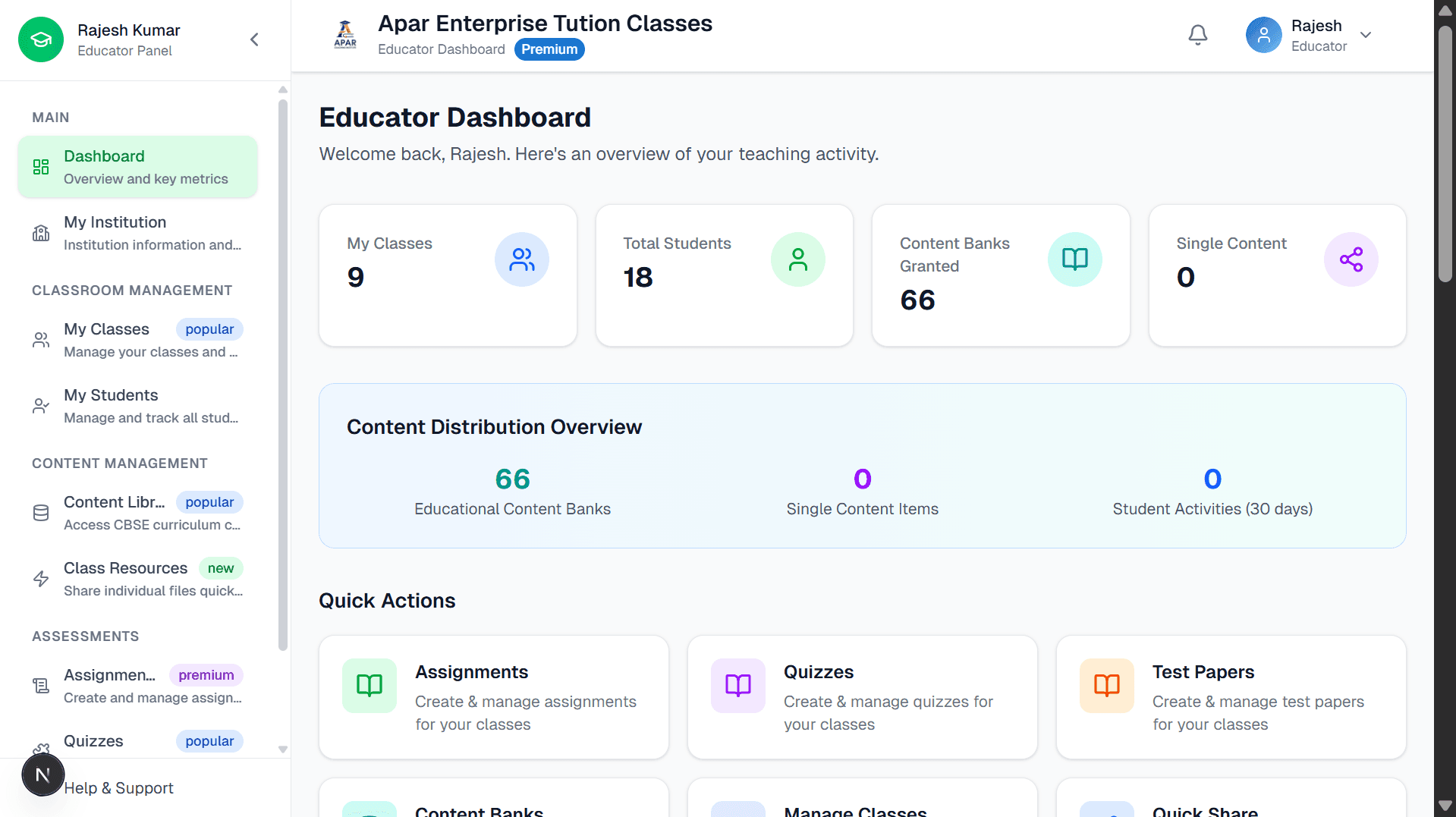 Educator main dashboard with teaching activity overview