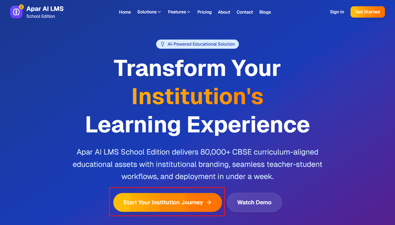 Apar AI CBSE LMS Institution registration landing page