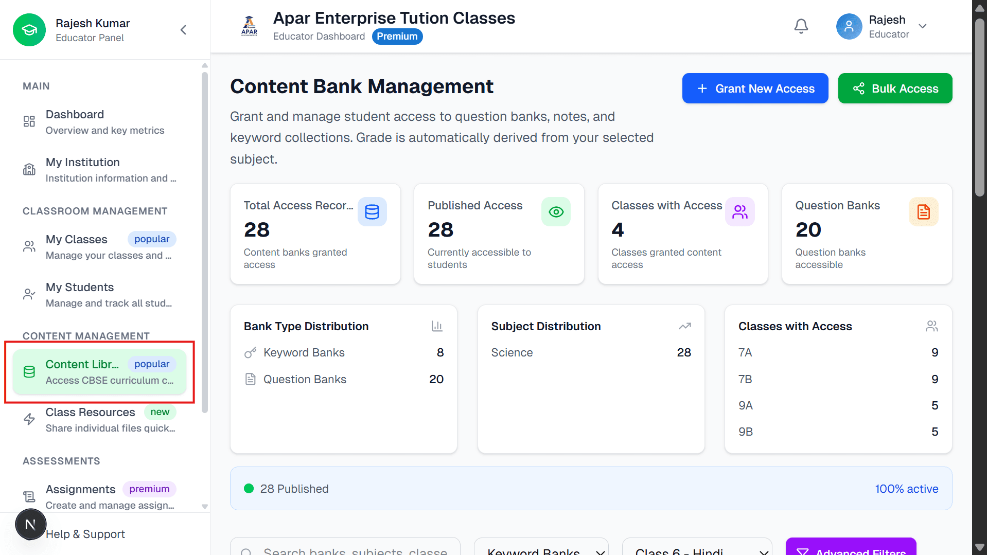 Content library showing published and available content for access management