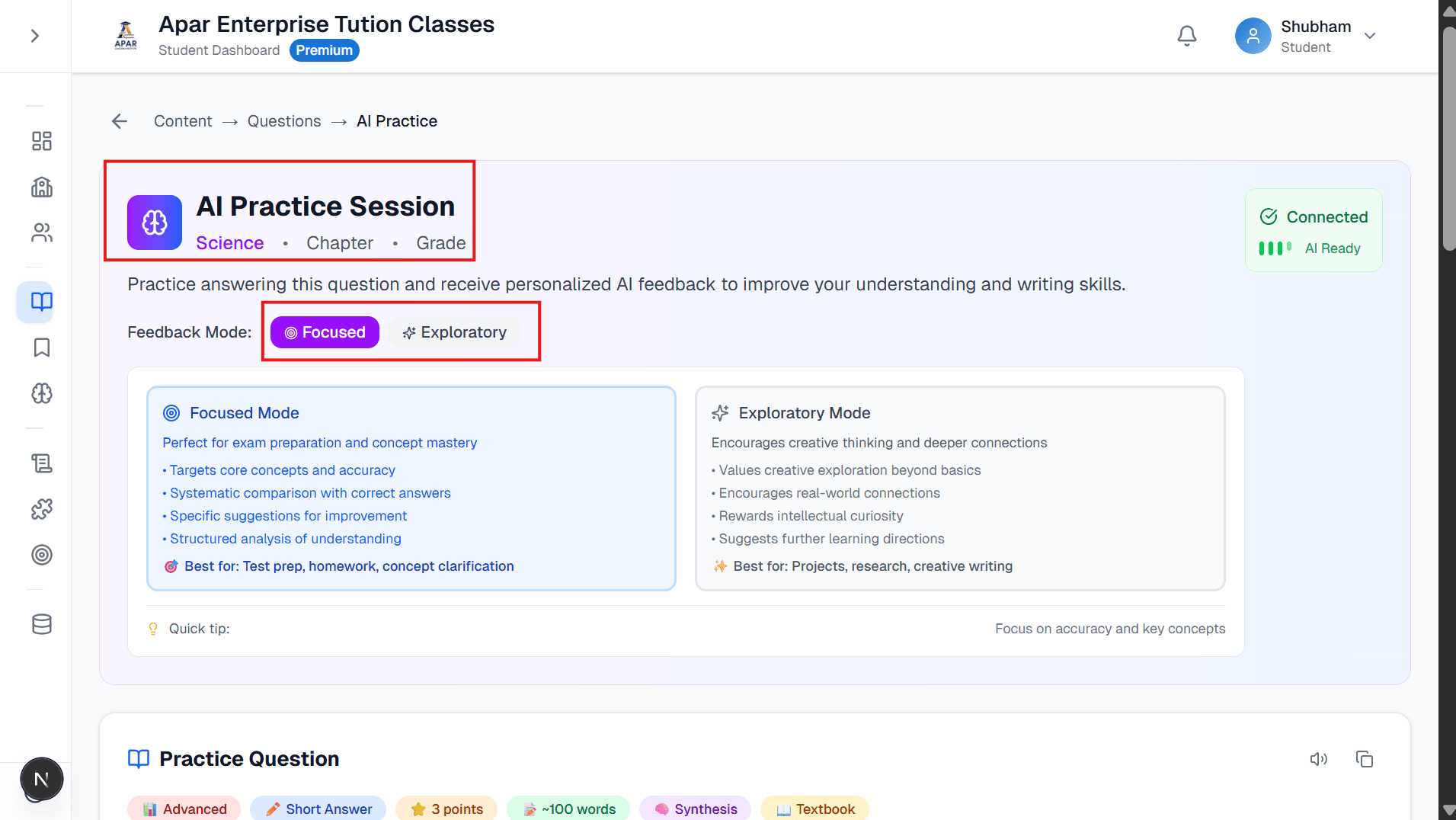AI Practice Session setup with feedback mode selection interface